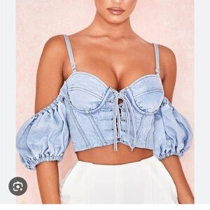 House of CB Light Blue Denim Lace-Up Crop Top